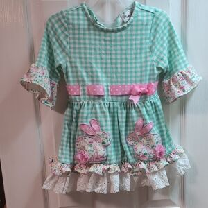 Rare Editions Aqua Gingham Dress with Bunny Detail